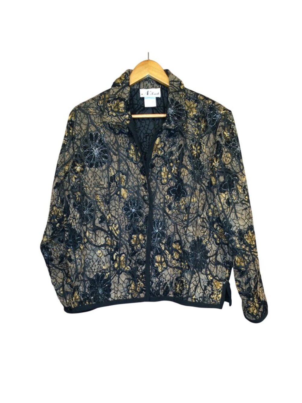 Womens Floral Lace Jacket Black Gold Size L Whimsigoth Dark Coquette Art to Wear